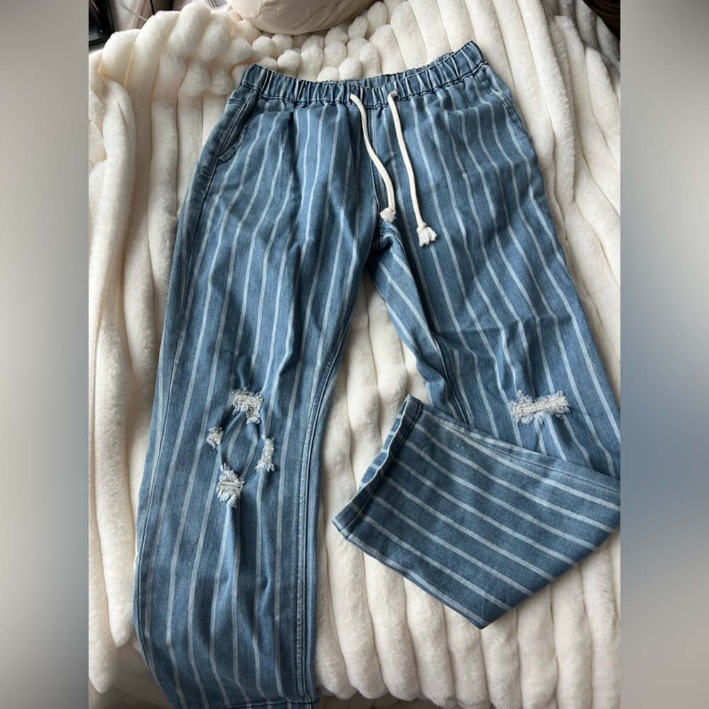 Striped Blue Drawstring Casual Trousers